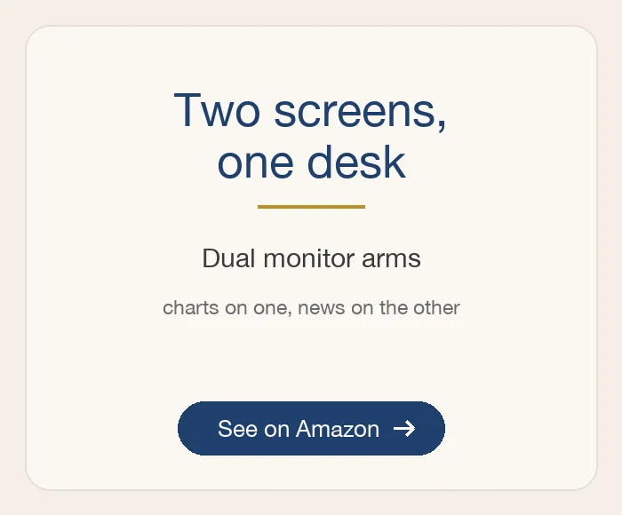 Two screens, one desk: Dual monitor arms, charts on one, news on the other. See on Amazon